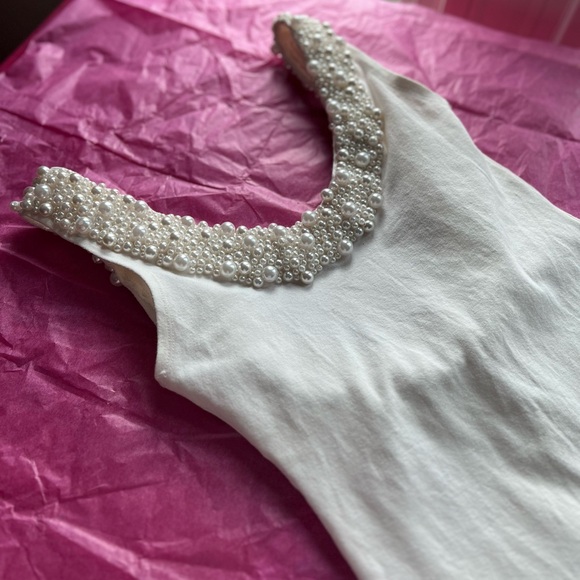 EUC VTG 80s pearl necklace handsewn bodycon ivory dress xs scoop back wedding - Picture 7 of 16